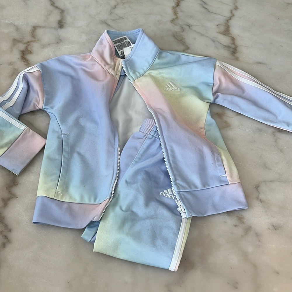 Adidas Sz 2 Toddler Girls 2-Pc Iridescent-Print Tricot Unicorn Pastel Tracksuit - Picture 16 of 16